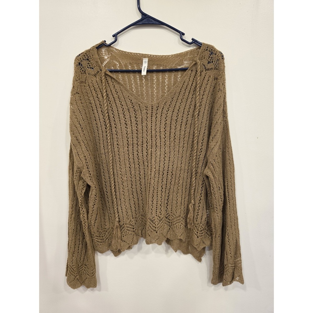 Tan Open Knit Sweater Womens Small Boho Crochet Indie Coastal Casual Earthy